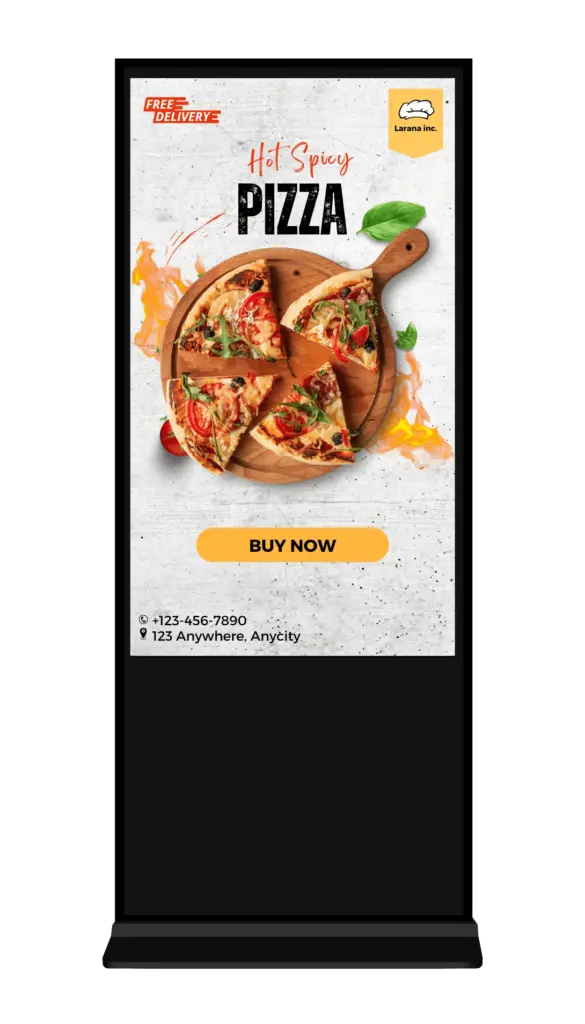 Digital-Signage-Stele mit Pizza-Werbung für ein Restaurant