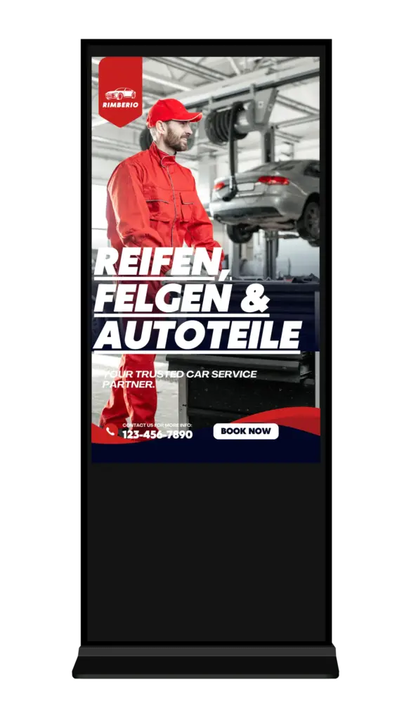 Digitales Werbedisplay mit Reifen- und Autoteile-Angebot einer Kfz-Werkstatt
